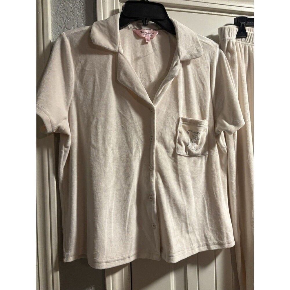 Juicy Couture Pajama Set Women Large Cream Velour Rhinestone 2pc Loungewear - Picture 2 of 10